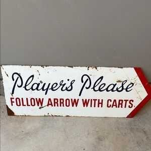 Vintage Style Metal Sign with Red and Blue Text